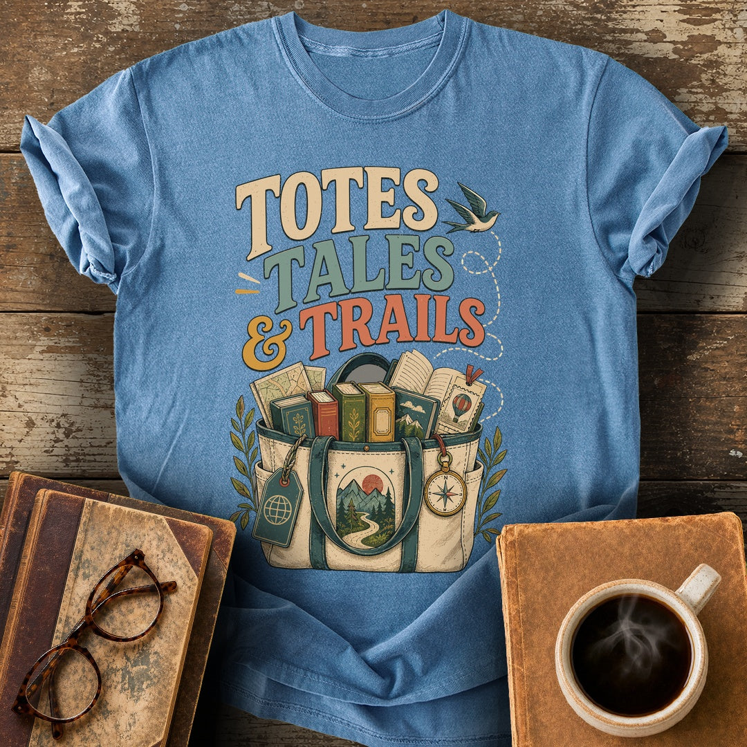 Totes Tales and Trails Tee - blue jean shirt mockup